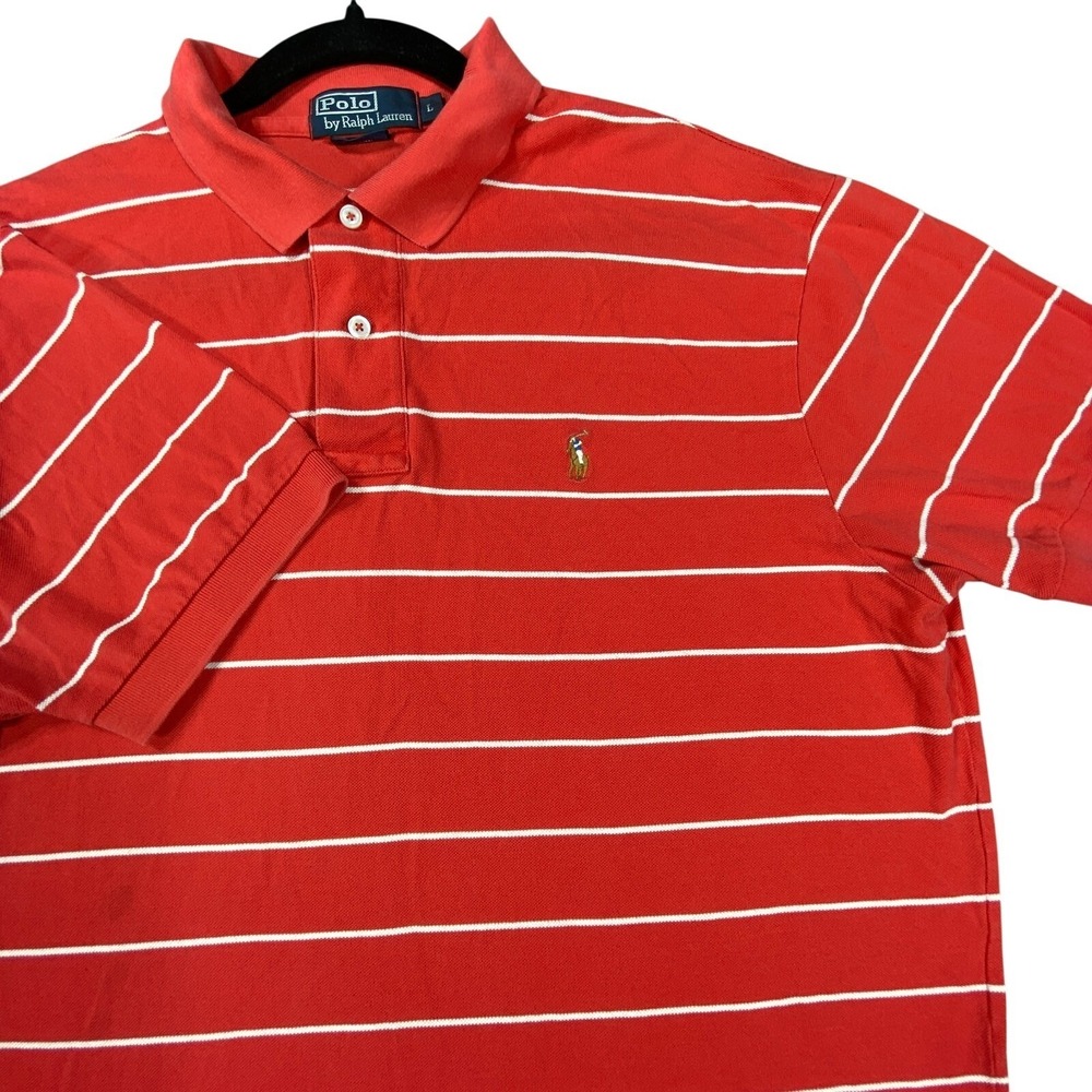Vintage Polo Ralph Lauren Shirt Men L Red Striped Classic Fit Golf All Cotton